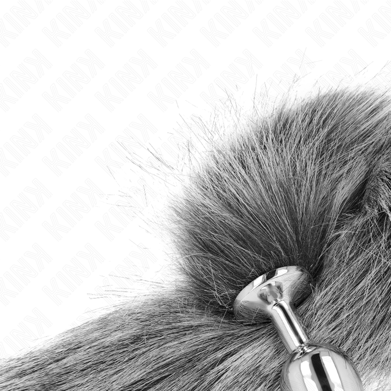 Silver KINK anal plug size S with synthetic tail, measuring 7 x 3 cm and a 40 cm long tail, on a white background.