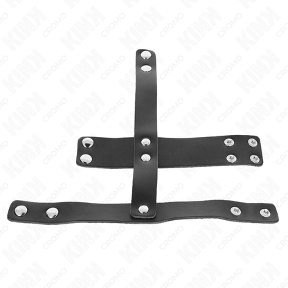 Anillo jaula para pene de cuero ajustable con divisor de bolas de la marca KINK RING POWER, diseñado para control y restricción.