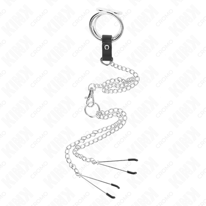 KINK - TRIPLE CHROME-PLATED METAL PENIS RING 3 CM TO 4.5 CM WITH 26 CM METAL CHAIN ​​AND NIPPLE CLIPS