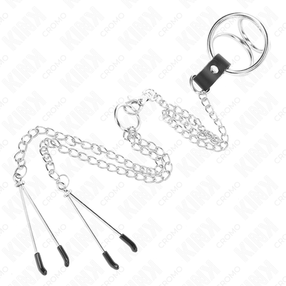 KINK - TRIPLE CHROME-PLATED METAL PENIS RING 3 CM TO 4.5 CM WITH 26 CM METAL CHAIN ​​AND NIPPLE CLIPS