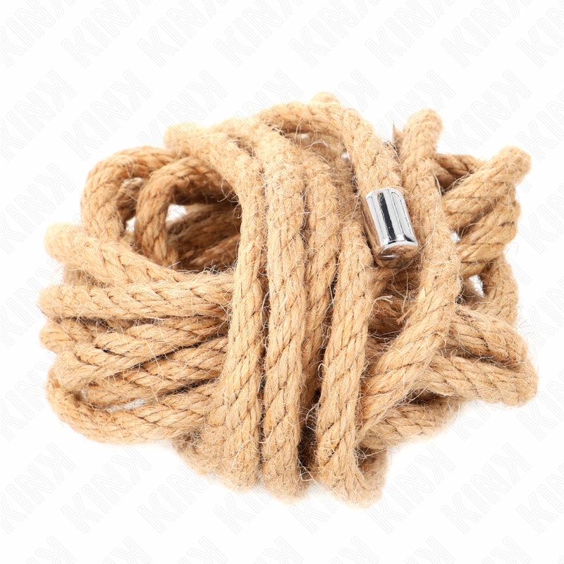 Cuerda de cáñamo de 5 metros con cabeza de metal de KINK ROPE ARTS, muestra detalles de la cuerda y el extremo metálico.