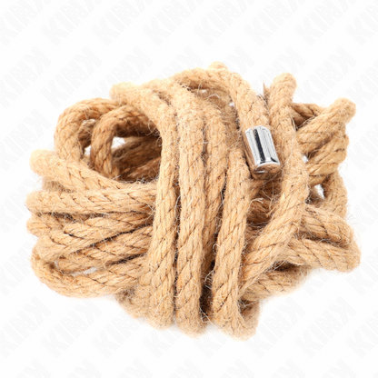Cuerda de cáñamo de 5 metros con cabeza de metal de KINK ROPE ARTS, muestra detalles de la cuerda y el extremo metálico.
