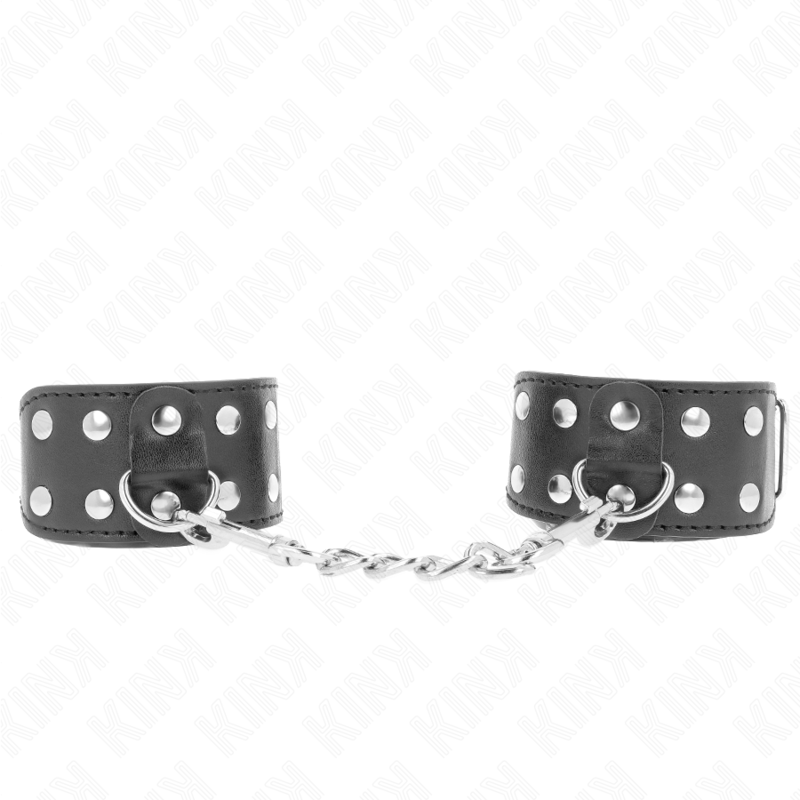 Muñequera ajustable KINK con doble línea de tachuelas negras, resistente y con diseño elegante para restricción de muñecas.