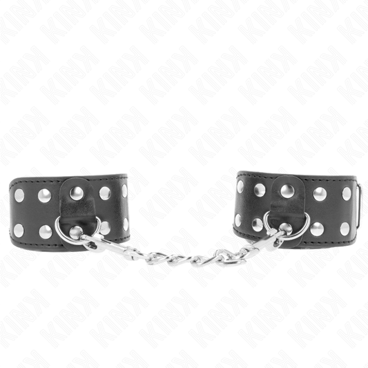 Muñequera ajustable KINK con doble línea de tachuelas negras, resistente y con diseño elegante para restricción de muñecas.