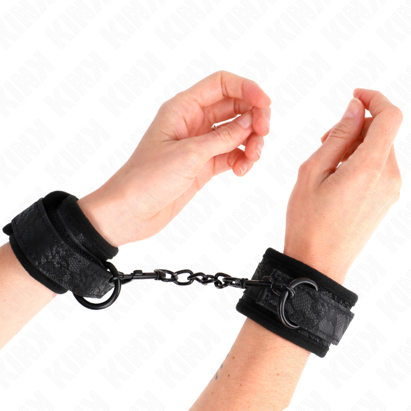 Muñequeras ajustables de encaje y neopreno negro de KINK WRIST RESTRAINT, tamaño 20-29 cm x 5 cm, para restricción y juego.