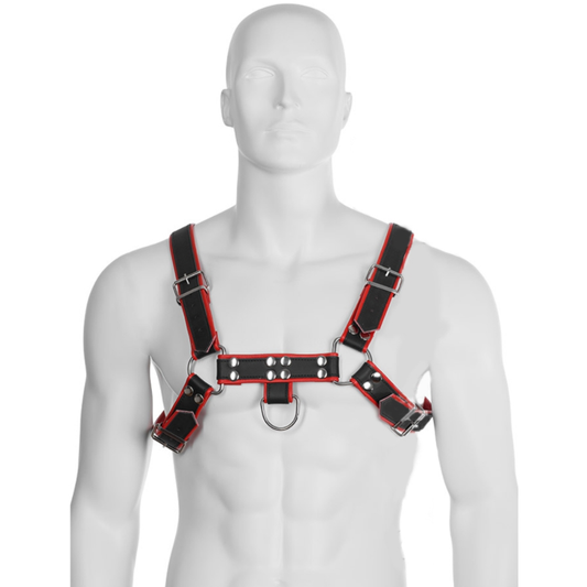 Black and red LEATHER BODY chain harness III showcasing intricate detailing and adjustable straps.