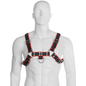 Black and red LEATHER BODY chain harness III showcasing intricate detailing and adjustable straps.