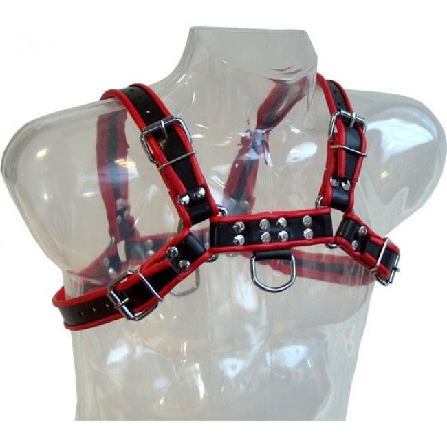 Black and red LEATHER BODY Chain Harness III displayed on a mannequin, showcasing its intricate design and adjustable straps.