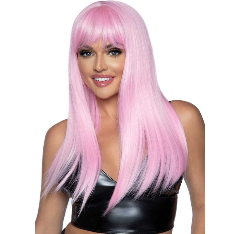 Long pink wig with straight hair and bangs from LEG AVENUE Accessories, perfect for costumes or fashion looks.