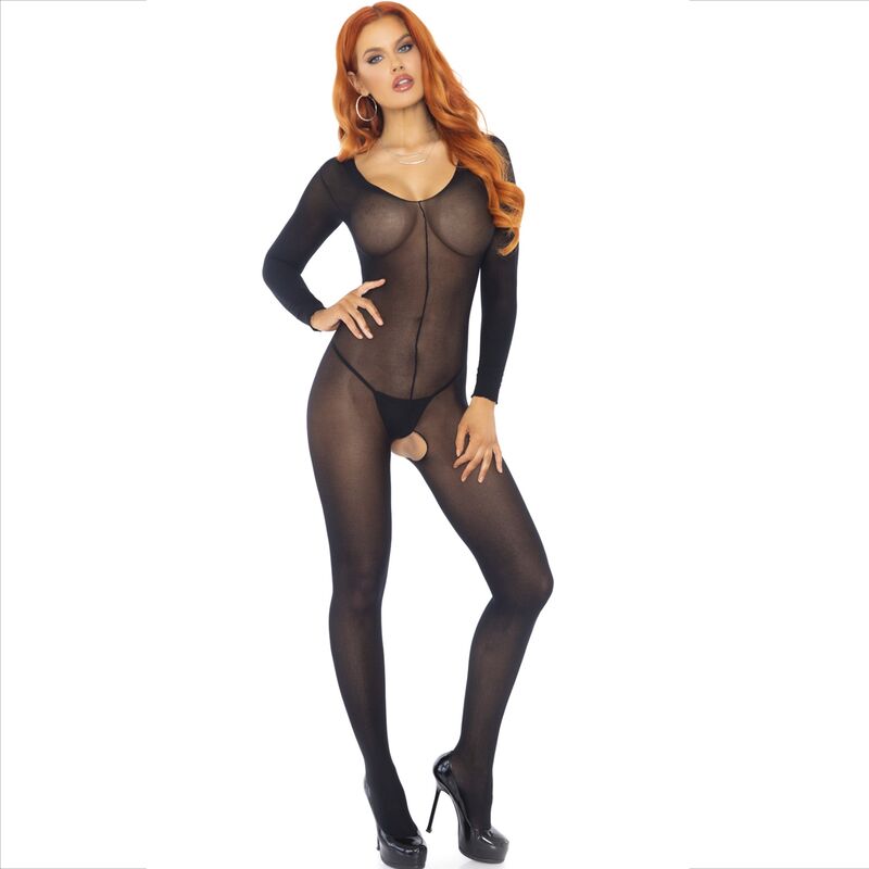 Black long-sleeve bodystocking by LEG AVENUE, form-fitting and sheer, designed for a sleek, stylish look.