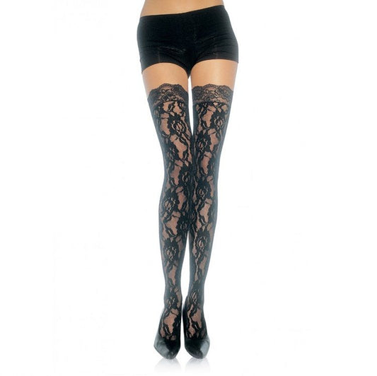 Leg Avenue floral lace stockings featuring intricate designs and a sheer finish, perfect for elegant outfits.