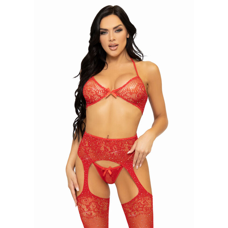 LEG AVENUE - SET TRES PECES SUBJECTADOR, TANGA I MITJANES TALLA ÚNICA - NEGRE