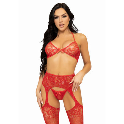 LEG AVENUE - SET TRES PECES SUBJECTADOR, TANGA I MITJANES TALLA ÚNICA - NEGRE