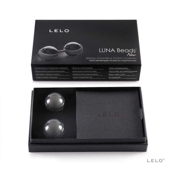 LELO LUNA BEADS NOIR Kegel balls in a sleek black design, showcasing their smooth surface and unique shape.