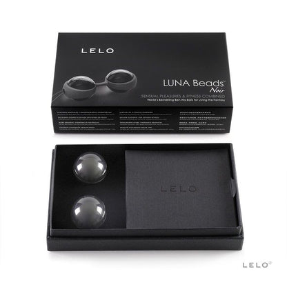 LELO LUNA BEADS NOIR Kegel balls in a sleek black design, showcasing their smooth surface and unique shape.