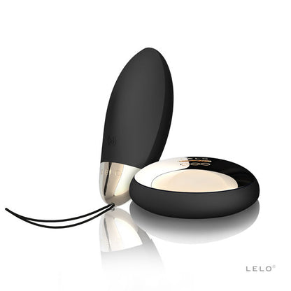LELO Lyla 2 Insignia black massage egg with sleek design and remote control, showcasing elegant curves and smooth finish.