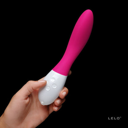 LELO MONA 2 fuchsia vibrator with a sleek design and curved shape for targeted stimulation.