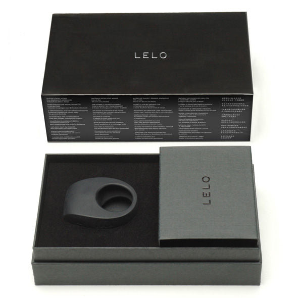 LELO TOR II black vibrating ring with a sleek design, showcasing its smooth surface and ergonomic shape.