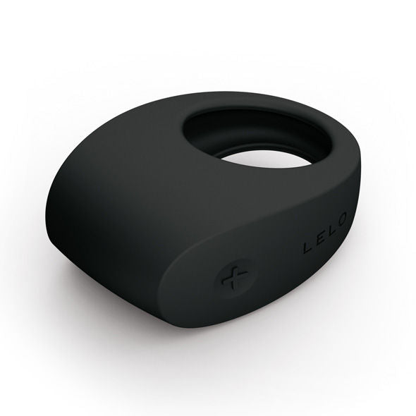 LELO TOR II black vibrating ring displayed on a soft surface, showcasing its sleek design and contours.