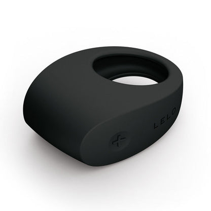 LELO TOR II black vibrating ring displayed on a soft surface, showcasing its sleek design and contours.