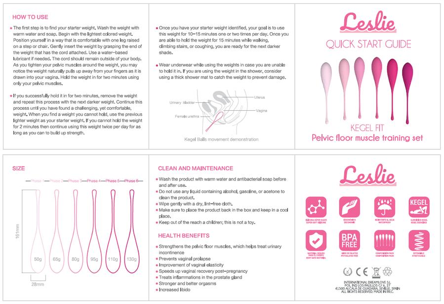 Pelota vaginal Leslie Kegel Fit para suelo pélvico, peso de 6 pesos, diseñada para entrenamiento y fortalecimiento pélvico.