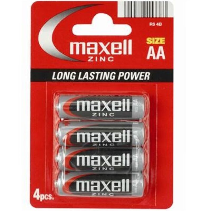 Pilas salinas MAXELL AA R6 manganeso en blíster de 4 unidades, batería de uso general para dispositivos electrónicos.