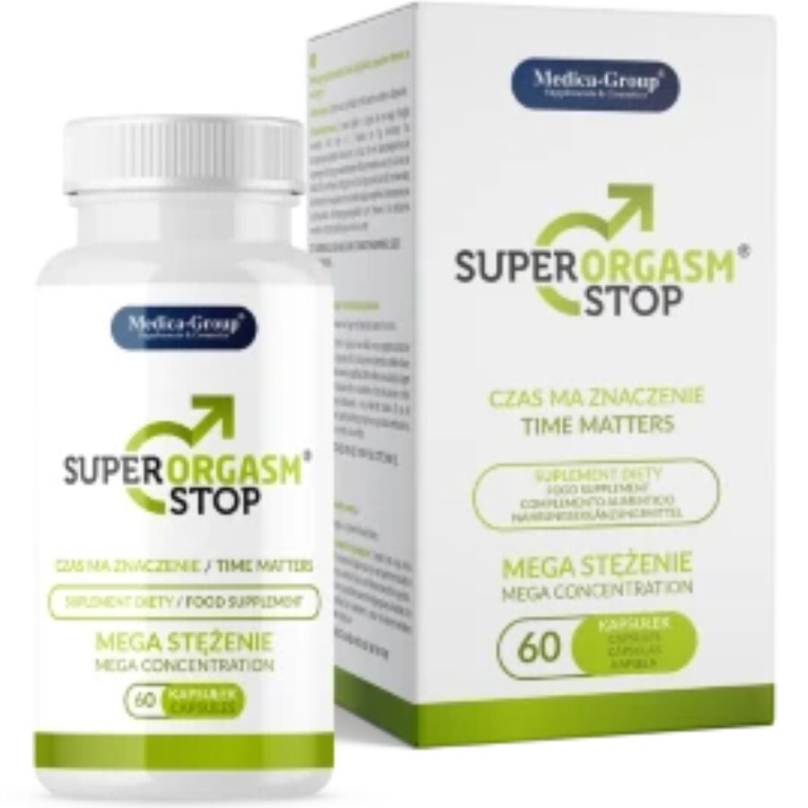 Cajas de cápsulas naturales Super Orgasm Stop de MEDICA GROUP para controlar la eyaculación y aumentar la resistencia sexual.