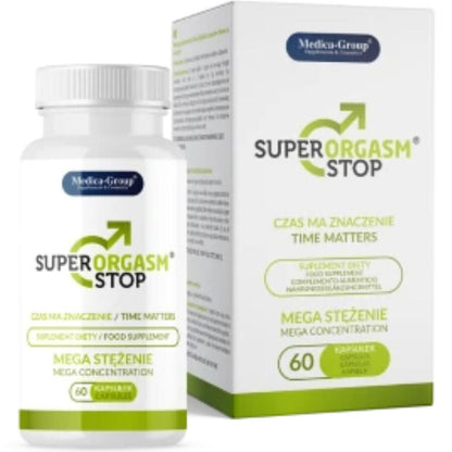 Cajas de cápsulas naturales Super Orgasm Stop de MEDICA GROUP para controlar la eyaculación y aumentar la resistencia sexual.