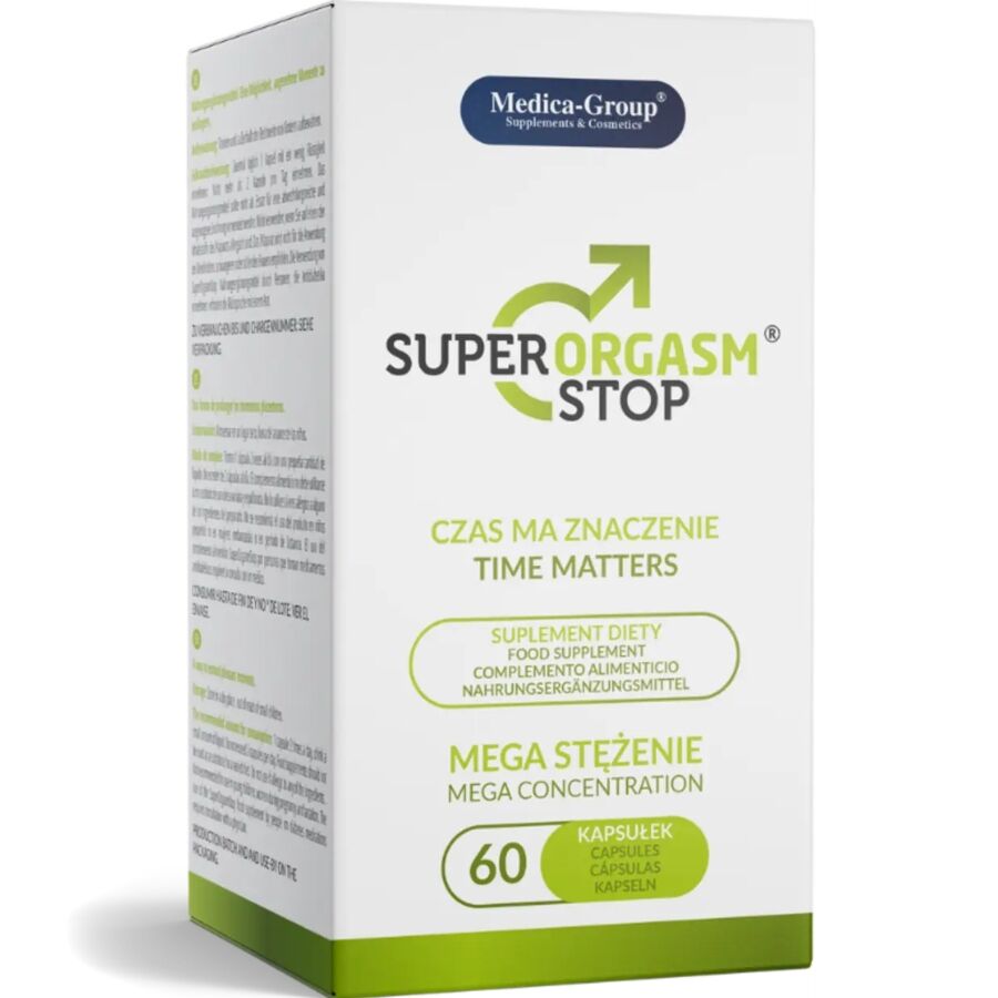 Cápsulas naturales Super Orgasm Stop de MEDICA GROUP para controlar la eyaculación y aumentar la resistencia sexual.