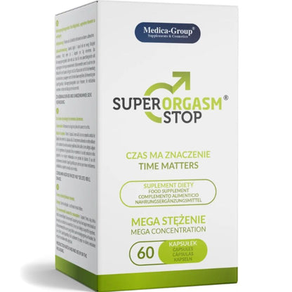 Cápsulas naturales Super Orgasm Stop de MEDICA GROUP para controlar la eyaculación y aumentar la resistencia sexual.