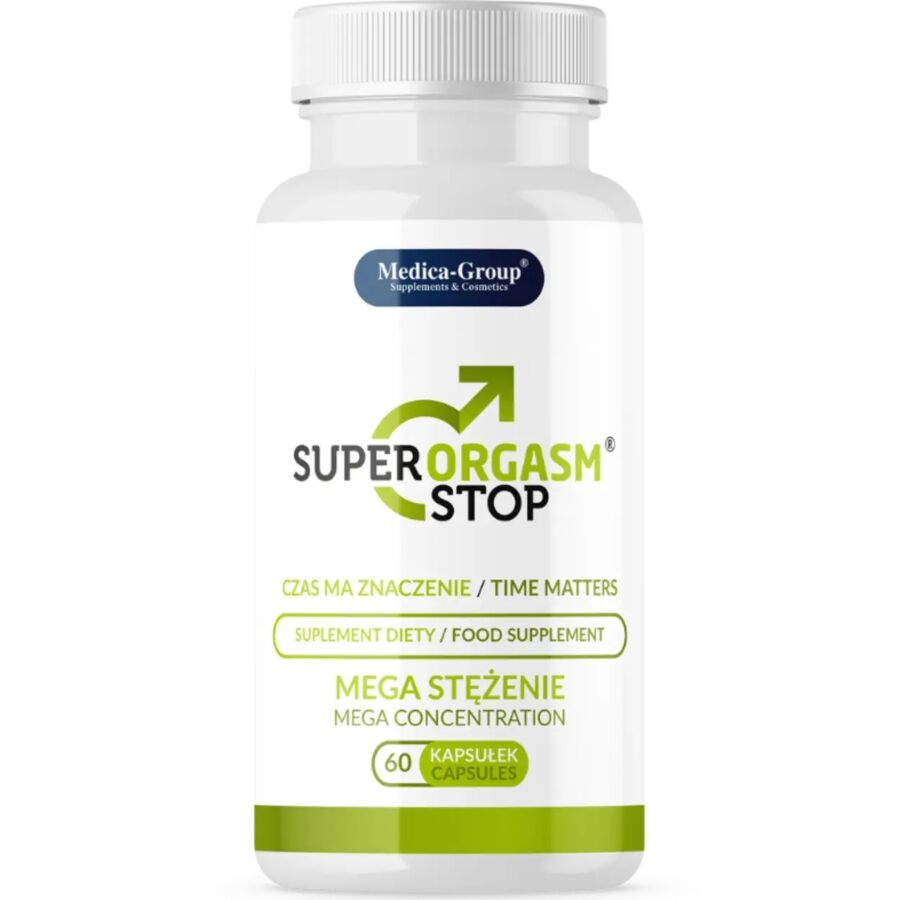 Capsulas naturales Super Orgasm Stop de MEDICA GROUP para controlar la eyaculación y aumentar la resistencia sexual.