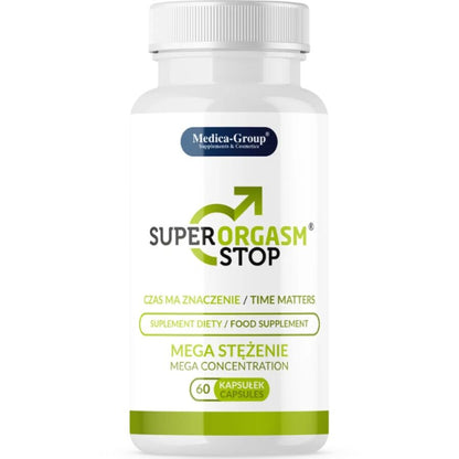 Capsulas naturales Super Orgasm Stop de MEDICA GROUP para controlar la eyaculación y aumentar la resistencia sexual.