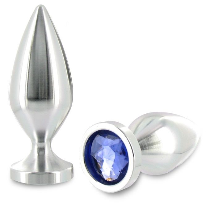 Small aluminum anal plug with crystal detail, 5.71 cm, by Metal Hard, showcasing a sleek metallic finish.