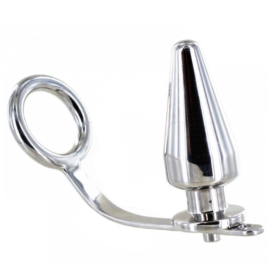 Metal Hard stainless steel ring with anal plug, measuring 80 x 55 mm, showcasing a sleek and polished design.