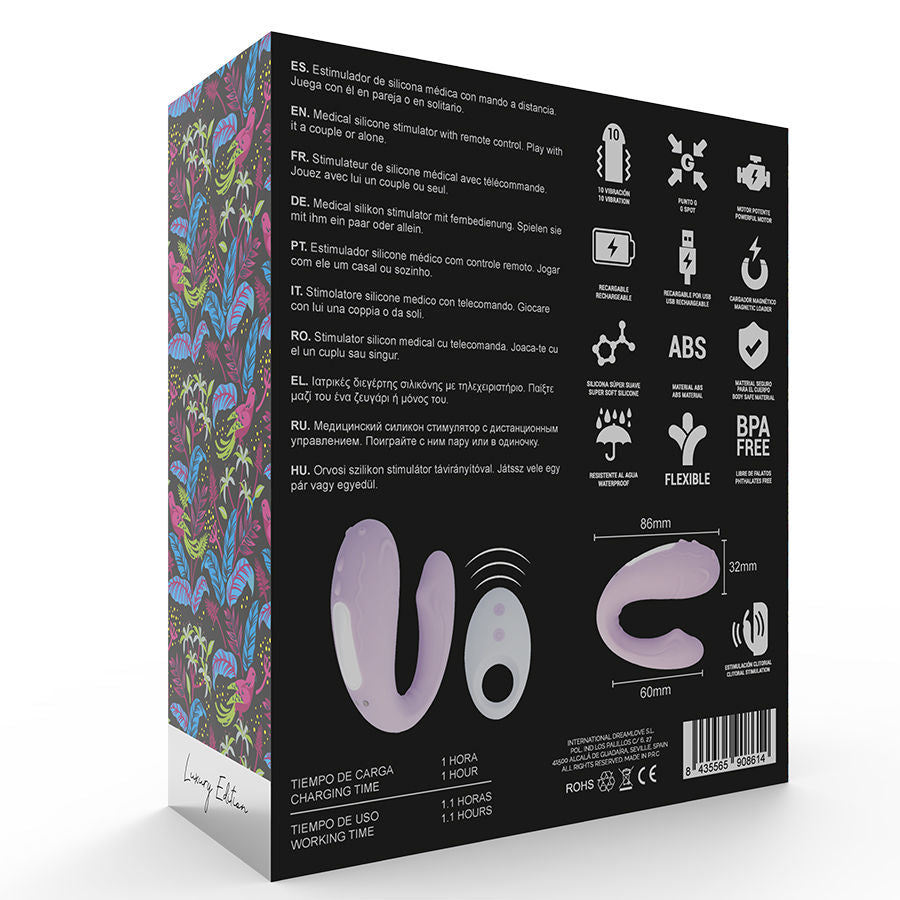 Control remoto MIA para parejas, dispositivo compacto con botones y diseño moderno en color negro.