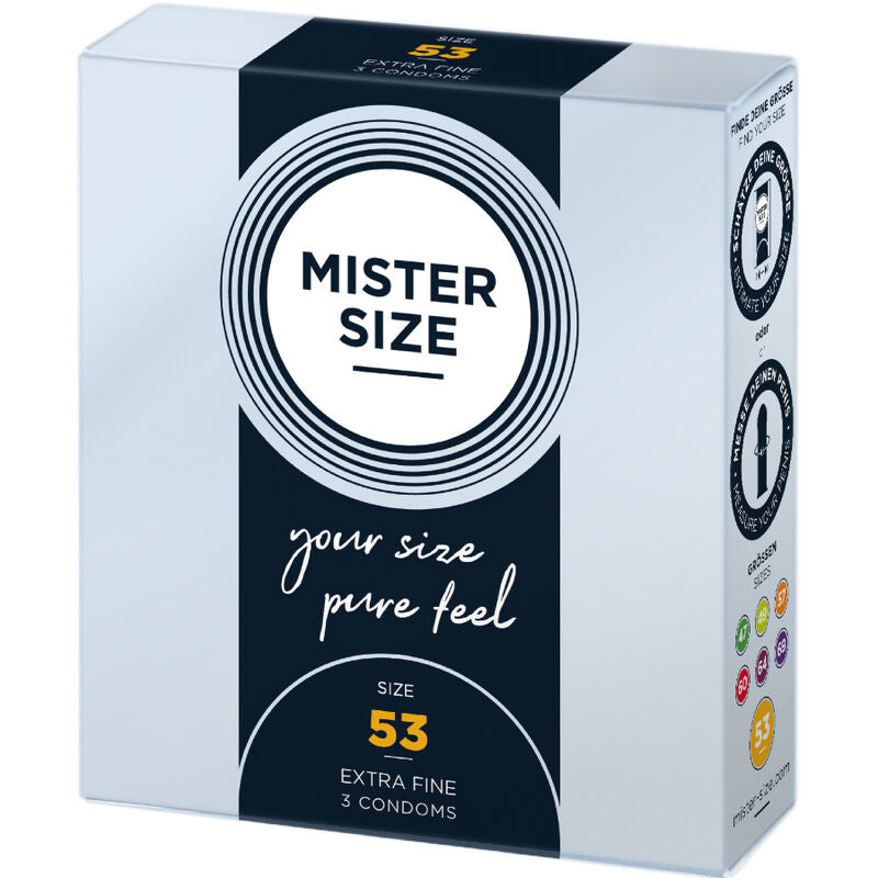 Preservativos MISTER SIZE talla M de 53 mm, paquete con 3 unidades, en una caja abierta mostrando los preservativos.