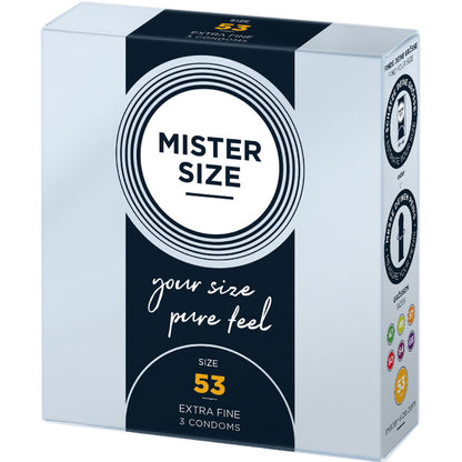 Preservativos MISTER SIZE talla M de 53 mm, paquete con 3 unidades, en una caja abierta mostrando los preservativos.