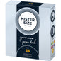 Preservativos MISTER SIZE talla M de 53 mm, paquete con 3 unidades, en una caja abierta mostrando los preservativos.