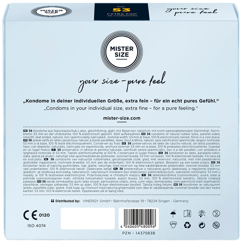 Preservativos MISTER SIZE talla M de 53 mm, paquete con 36 unidades, envase con preservativos de tamaño regular.