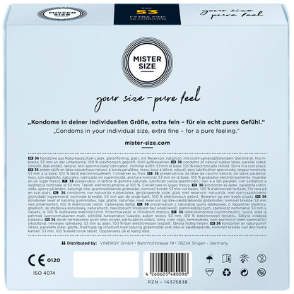 Preservativos MISTER SIZE talla M de 53 mm, paquete con 36 unidades, envase con preservativos de tamaño regular.