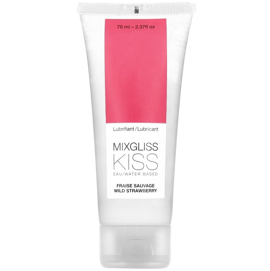 MIXGLISS strawberry-flavored water-based lubricant in a 70 ml bottle, showcasing its vibrant pink color and sleek design.