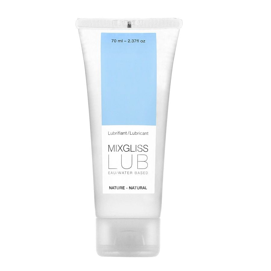 MIXGLISS natural water-based lubricant in a 70 ml bottle, showcasing the sleek packaging and label design.