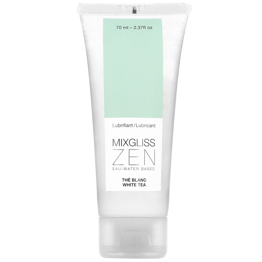 MIXGLISS Zen Té Blanco 70ml lubricant bottle with a sleek design and white tea theme on the label.