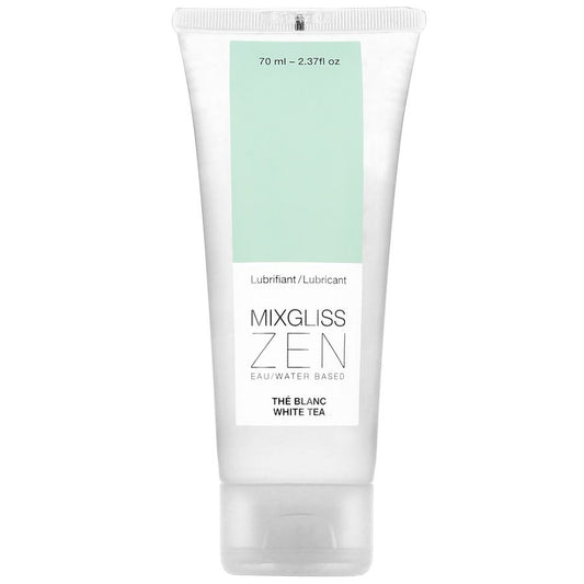 MIXGLISS Zen Té Blanco 70ml lubricant bottle with a sleek design and white tea theme on the label.