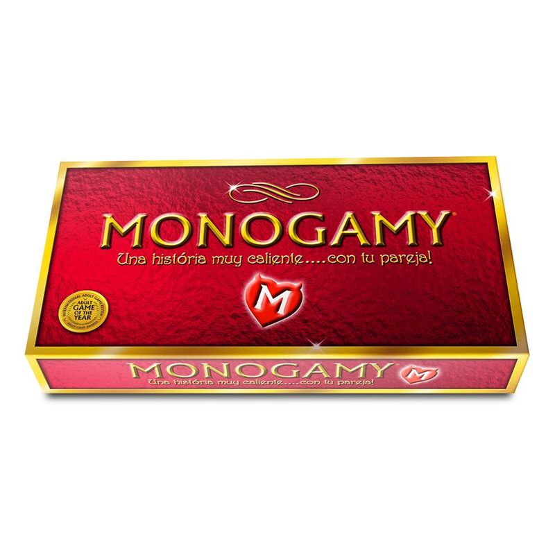 Monogamy game for couples featuring erotic content, vibrant packaging and engaging game pieces displayed on a table.