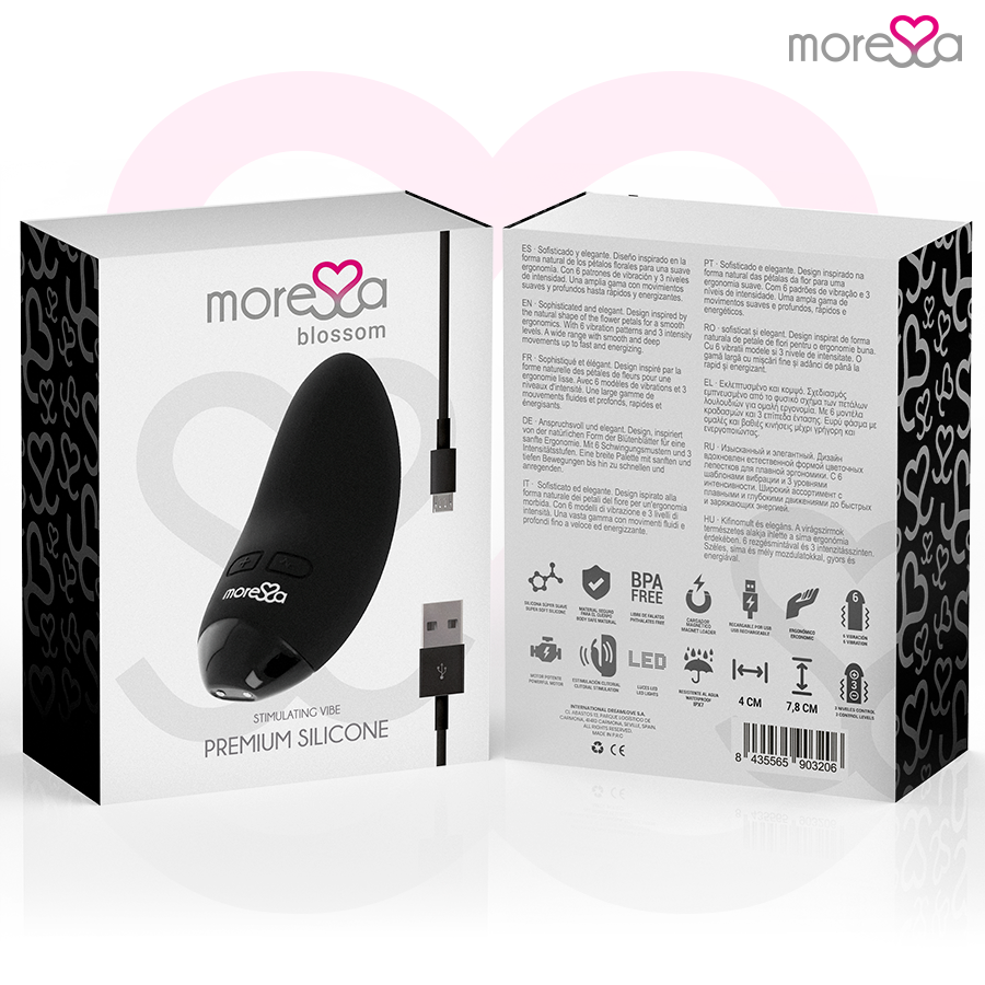 Masajeador personal MORESSA Blossom negro, con diseño ergonómico y suave para masajes faciales y corporales.