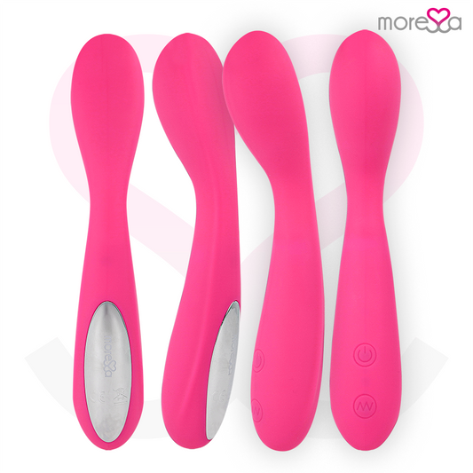 Masajeador duo MORESSA Druso con punto G y suero pélvico de silicona recargable, diseño ergonómico y suave para uso íntimo.