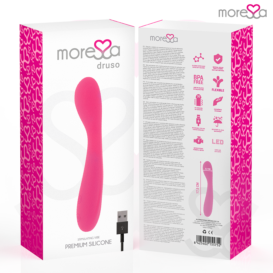 Masajeador duo MORESSA Druso con punto G y suero pélvico de silicona recargable, diseñado para bienestar y relajación íntima.