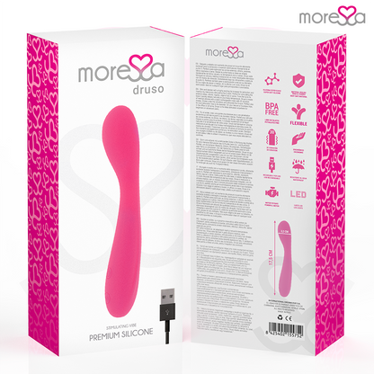 Masajeador duo MORESSA Druso con punto G y suero pélvico de silicona recargable, diseñado para bienestar y relajación íntima.