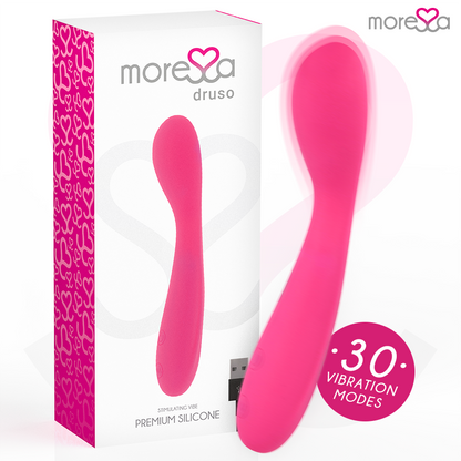 Masajeador duo MORESSA Druso con punto G y suero pélvico, recargable y de silicona premium, para bienestar y relajación.